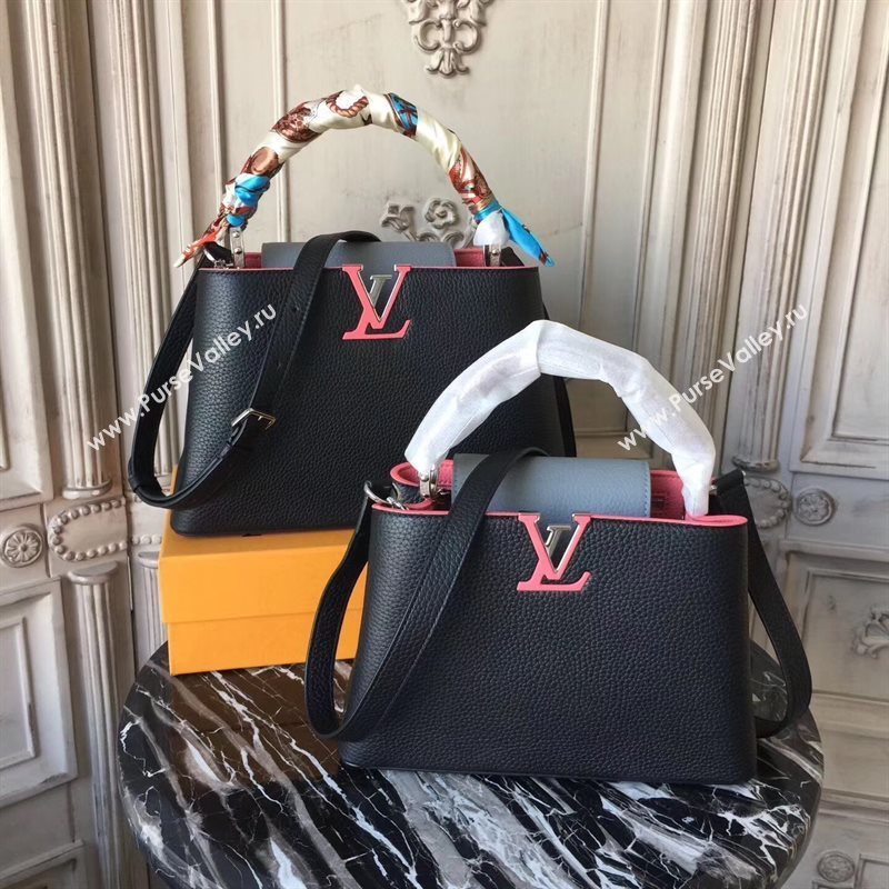 LV Louis Vuitton Capucines PM Bag Real Leather Handbag M42916 Black and Gray 6835
