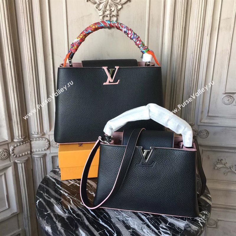 LV Louis Vuitton Capucines BB Bag Real Leather Handbag M94716 Black with Pink 6836