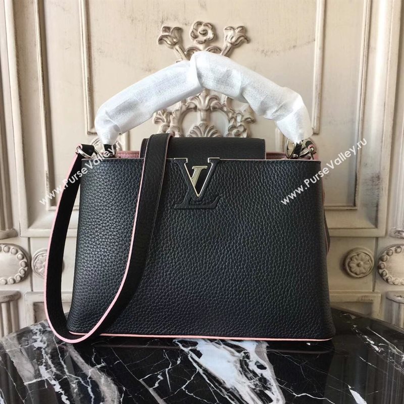 LV Louis Vuitton Capucines PM Bag Real Leather Handbag M94716 Black with Pink 6837