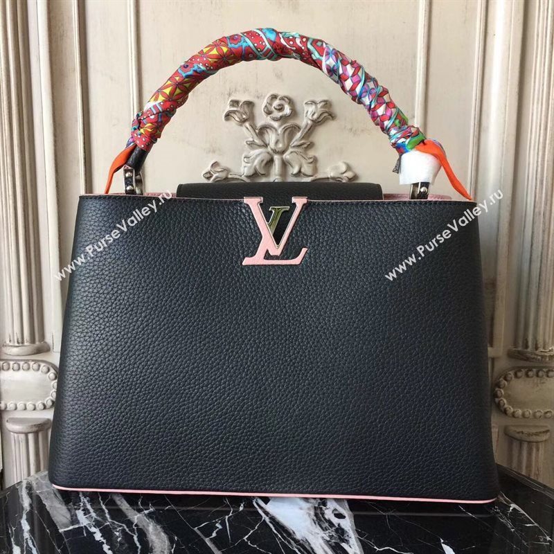 LV Louis Vuitton Capucines MM Bag Real Leather Tote Handbag M94714 Black with Pink 6838