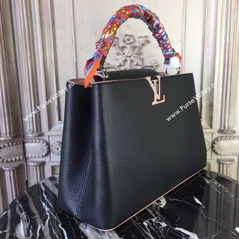 LV Louis Vuitton Capucines MM Bag Real Leather Tote Handbag M94714 Black with Pink 6838