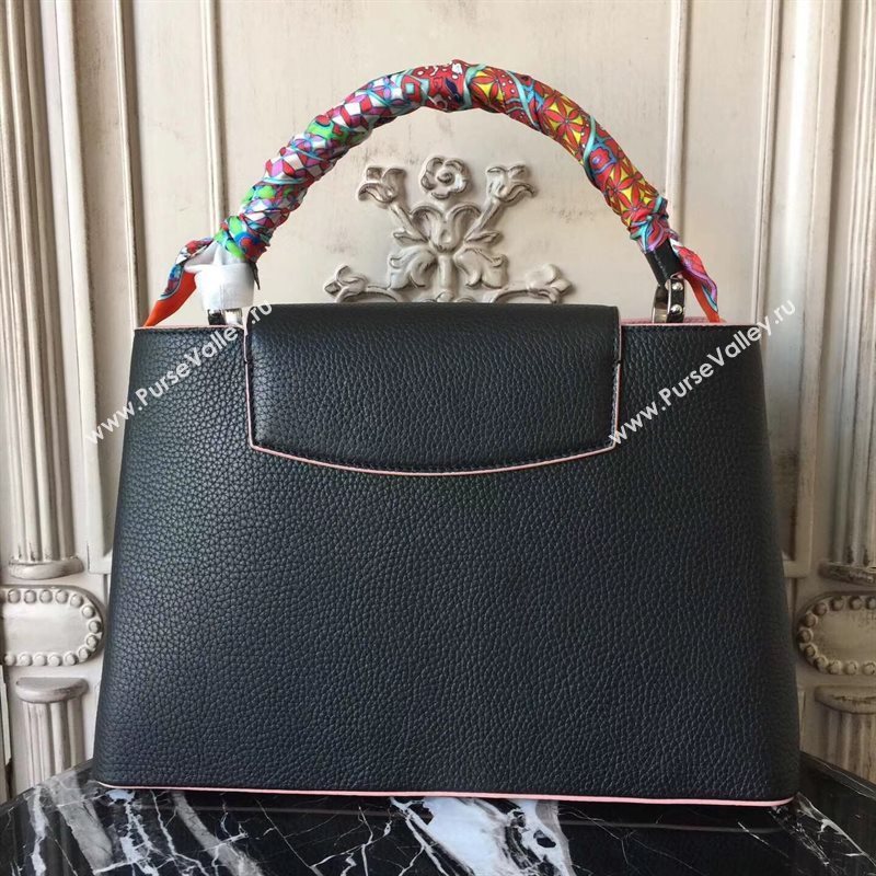 LV Louis Vuitton Capucines MM Bag Real Leather Tote Handbag M94714 Black with Pink 6838