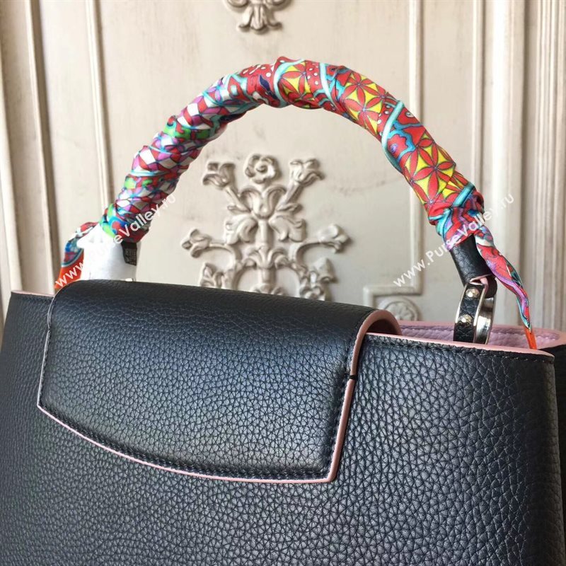LV Louis Vuitton Capucines MM Bag Real Leather Tote Handbag M94714 Black with Pink 6838