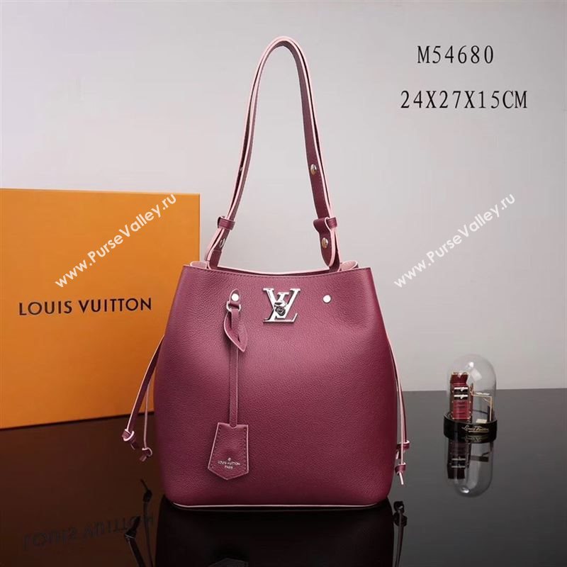 LV Louis Vuitton Lockme Bucket Bag M54680 Leather Handbag Wine