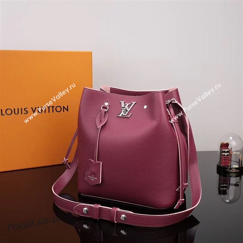 LV Louis Vuitton Lockme Bucket Bag M54680 Leather Handbag Wine