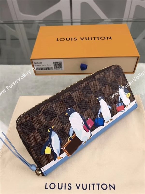 replica N64425 Louis Vuitton LV Clemence Penguins Wallet Damier Canvas Purse Bag Coffee