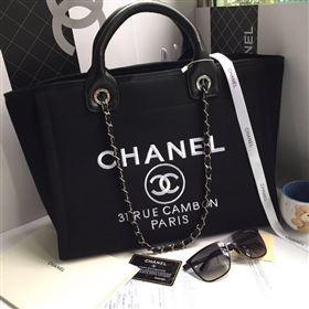 chaneI 68046 large canvas shopping tote handbag black bag 5662