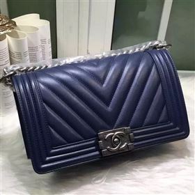 Chanel A67086 lambskin V le boy handbag blue bag 5964