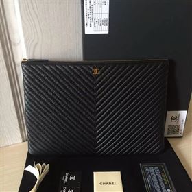 Chanel A82254 deerskin large clutch handbag black bag 6032