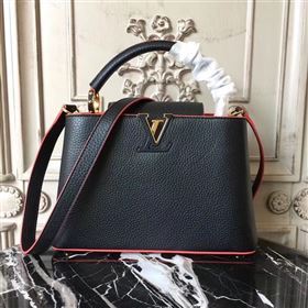 LV Louis Vuitton Capucines PM Bag Real Leather Shoulder Handbag M42242 Black with Red 6841