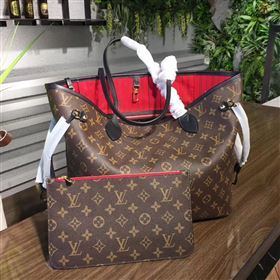 LV Louis Vuitton Neverfull 32 MM Handbag Monogram Cabas Bag M41177 Red 6856