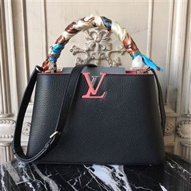 LV Louis Vuitton Capucines PM Bag Real Leather Handbag M42916 Black and Gray 6835