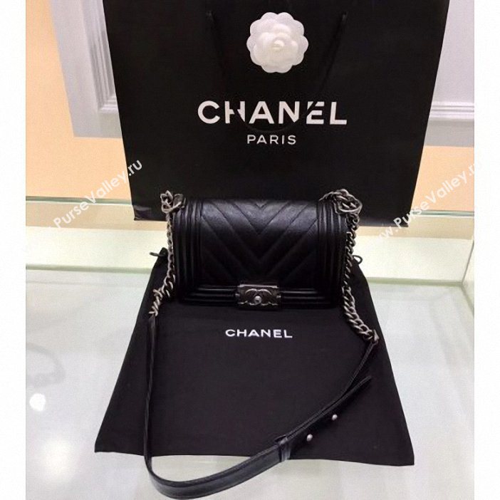 Chanel Original Quality small caviar chevron Boy Bag black With silver Hardware (shyang-92)