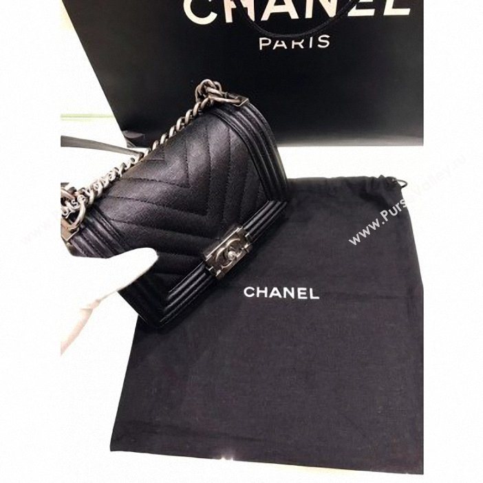 Chanel Original Quality small caviar chevron Boy Bag black With silver Hardware (shyang-92)