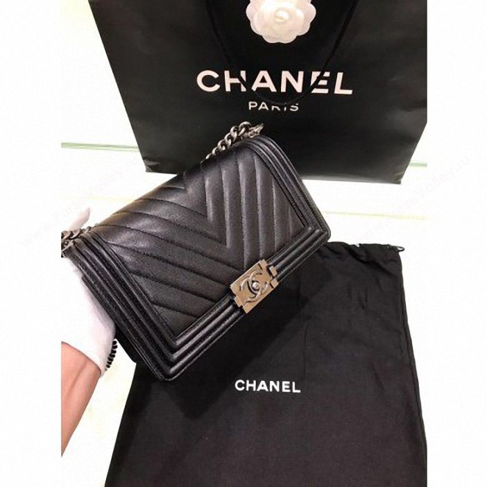 Chanel Original Quality caviar chevron medium Boy Bag black With silver Hardware (shyang-91)