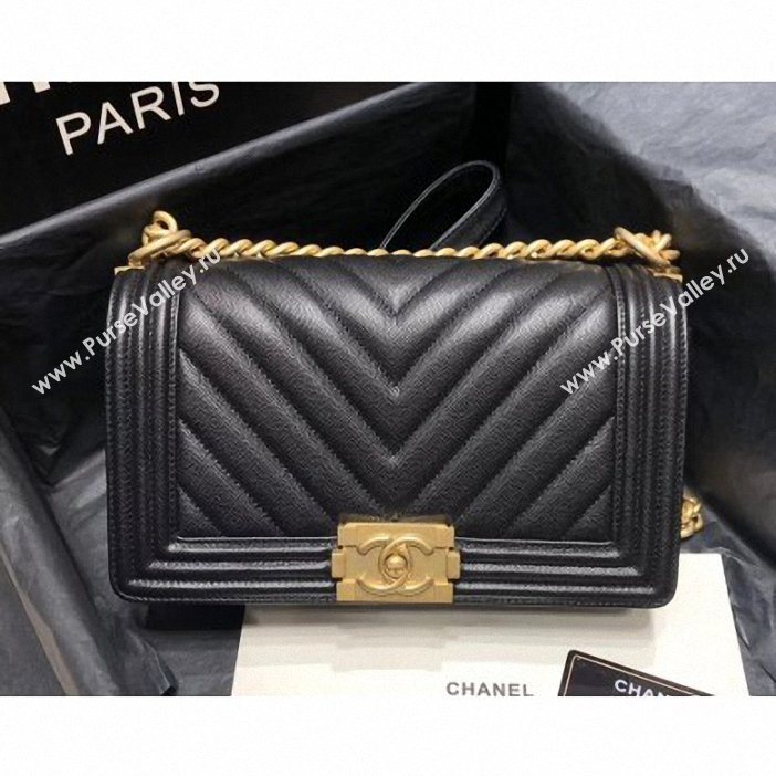 Chanel Original Quality caviar chevron medium Boy Bag black With Gold Hardware (shyang-90)