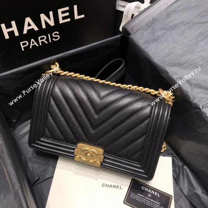 Chanel Original Quality caviar chevron medium Boy Bag black With Gold Hardware (shyang-90)