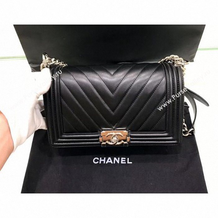 Chanel Original Quality caviar chevron medium Boy Bag black With Gold Hardware (shyang-90)