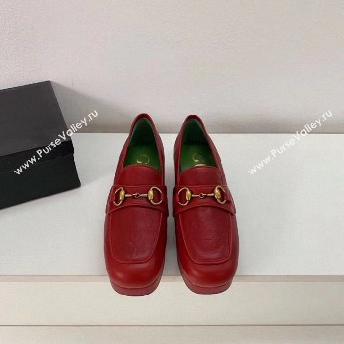 Gucci Heel 4.5cm Leather Platform Loafers with Horsebit red 2019  (xiaozhanggui-03)