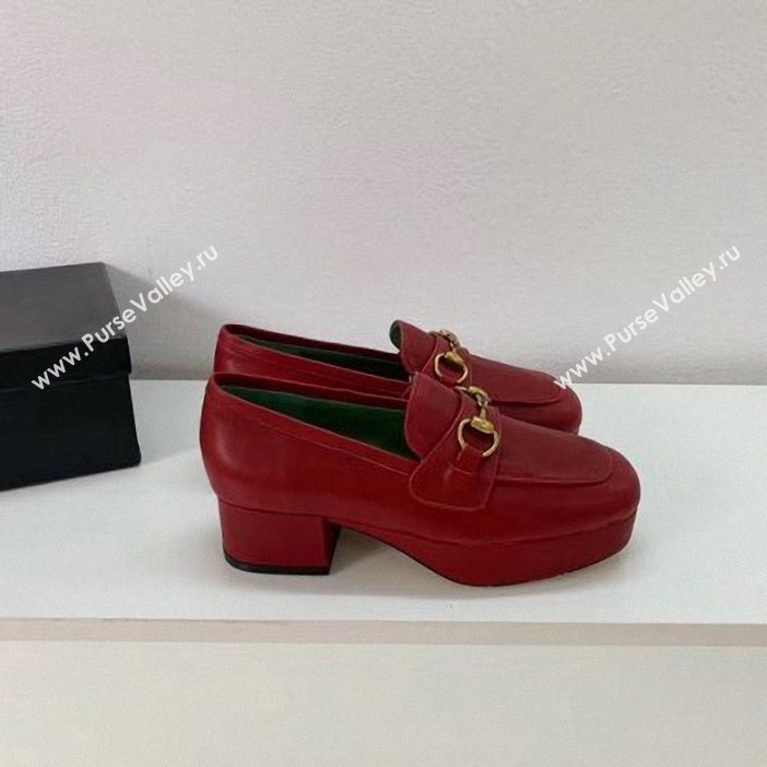 Gucci Heel 4.5cm Leather Platform Loafers with Horsebit red 2019  (xiaozhanggui-03)