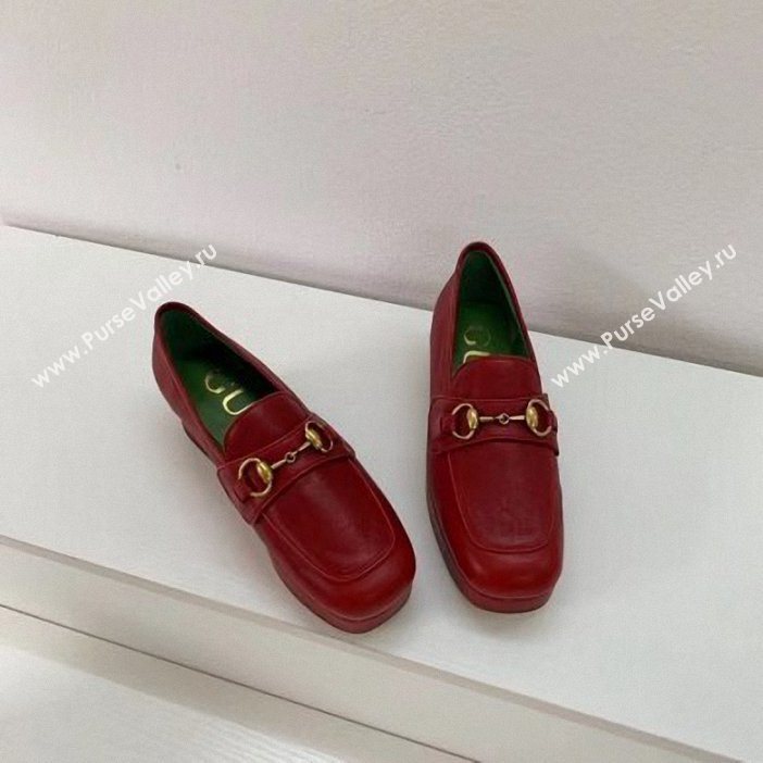 Gucci Heel 4.5cm Leather Platform Loafers with Horsebit red 2019  (xiaozhanggui-03)