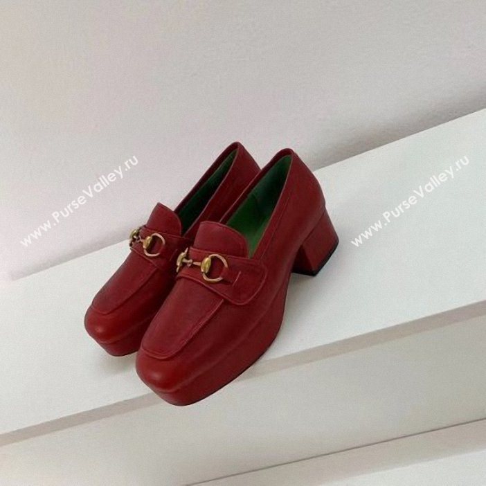 Gucci Heel 4.5cm Leather Platform Loafers with Horsebit red 2019  (xiaozhanggui-03)