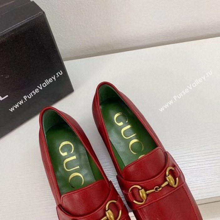 Gucci Heel 4.5cm Leather Platform Loafers with Horsebit red 2019  (xiaozhanggui-03)