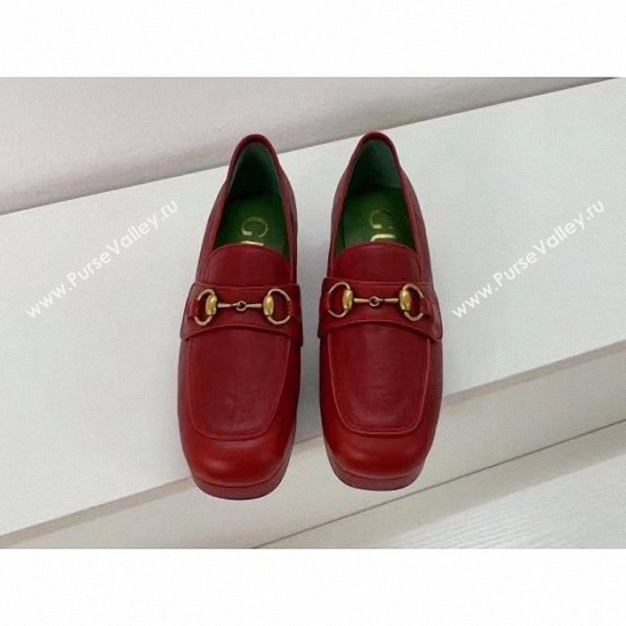 Gucci Heel 4.5cm Leather Platform Loafers with Horsebit red 2019  (xiaozhanggui-03)