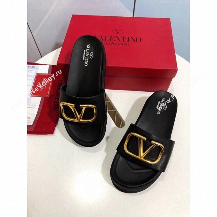 Valentino Heel 6cm Slide Sandals Black With VLogo Detail 2019 (modeng-9061313)