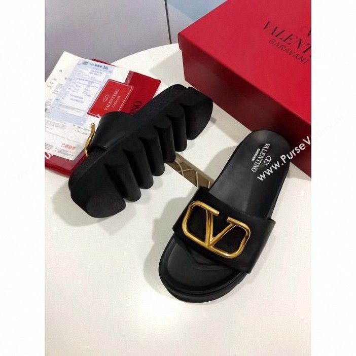 Valentino Heel 6cm Slide Sandals Black With VLogo Detail 2019 (modeng-9061313)