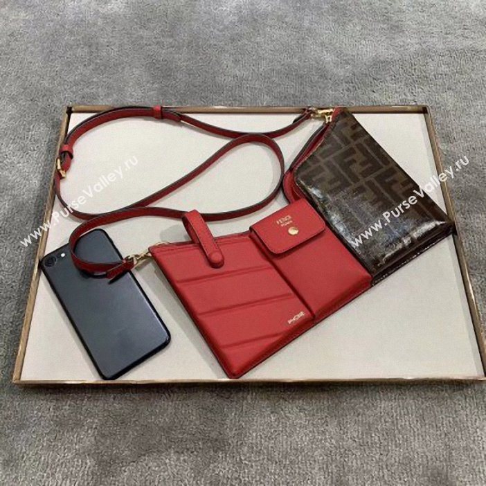 Fendi 3 Pockets Leather Messenger Mini Bag Red/FF Brown 2019 (chaoliu-9053134)