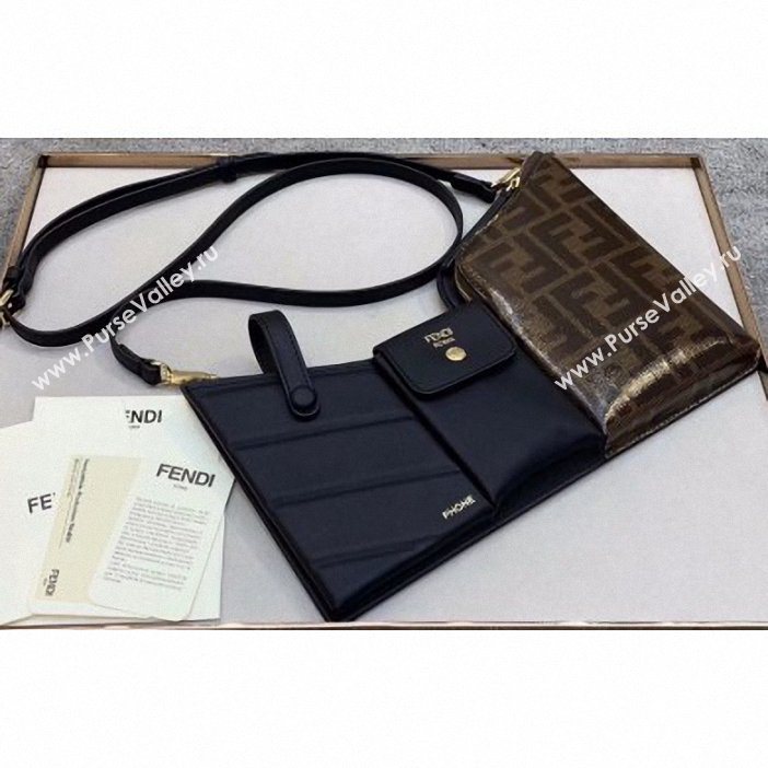 Fendi 3 Pockets Leather Messenger Mini Bag Black/FF Brown 2019 (chaoliu-9053133)