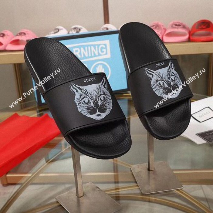 Gucci Logo Slide Sandals Cat Black 2019 (modeng-9060601)