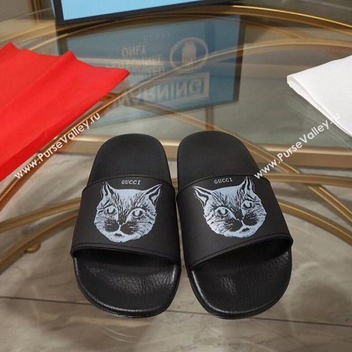 Gucci Logo Slide Sandals Cat Black 2019 (modeng-9060601)