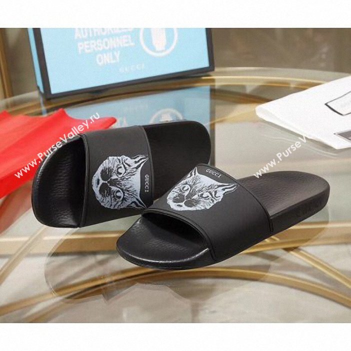 Gucci Logo Slide Sandals Cat Black 2019 (modeng-9060601)