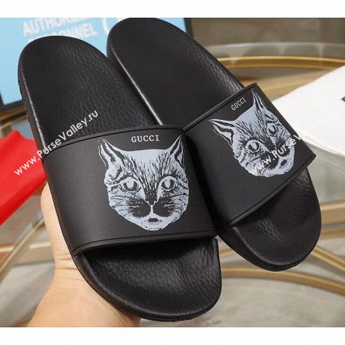 Gucci Logo Slide Sandals Cat Black 2019 (modeng-9060601)