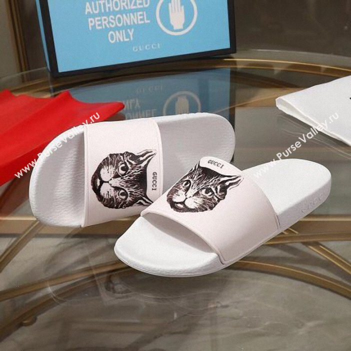 Gucci Logo Slide Sandals Cat White 2019 (modeng-9060602)