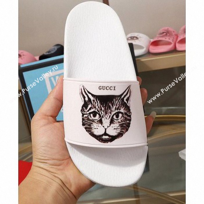 Gucci Logo Slide Sandals Cat White 2019 (modeng-9060602)