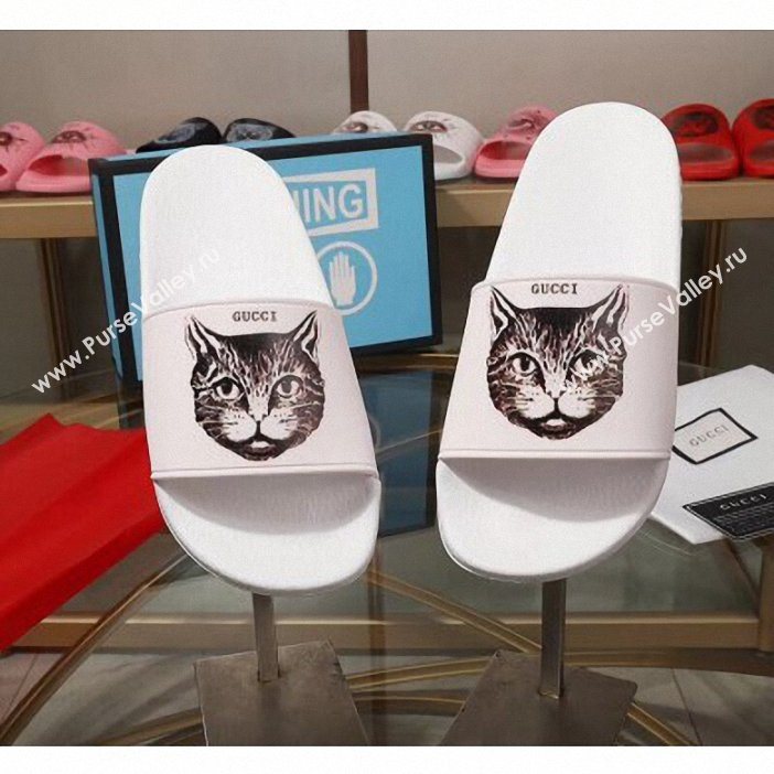 Gucci Logo Slide Sandals Cat White 2019 (modeng-9060602)