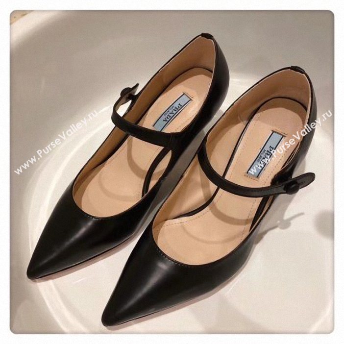 Prada Heel 6cm Strap with Button Pumps Leather Black 2019 (modeng-9061309)