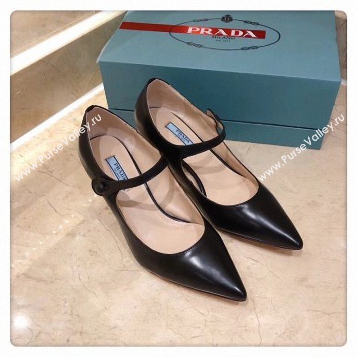 Prada Heel 6cm Strap with Button Pumps Leather Black 2019 (modeng-9061309)