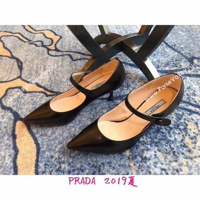 Prada Heel 6cm Strap with Button Pumps Leather Black 2019 (modeng-9061309)