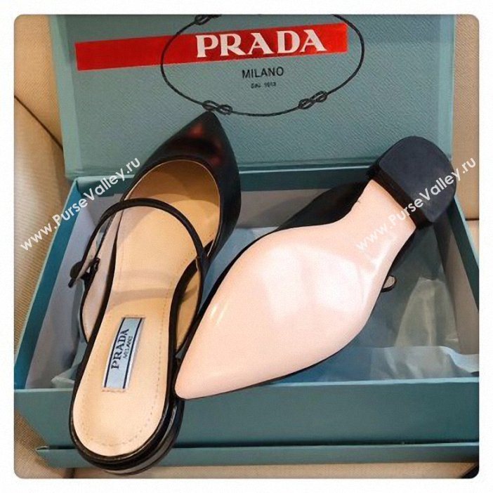 Prada Heel 1.5cm Strap with Button Mules Leather Black 2019 (modeng-9061322)