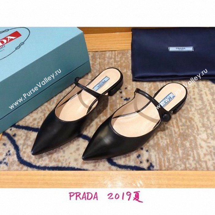 Prada Heel 1.5cm Strap with Button Mules Leather Black 2019 (modeng-9061322)
