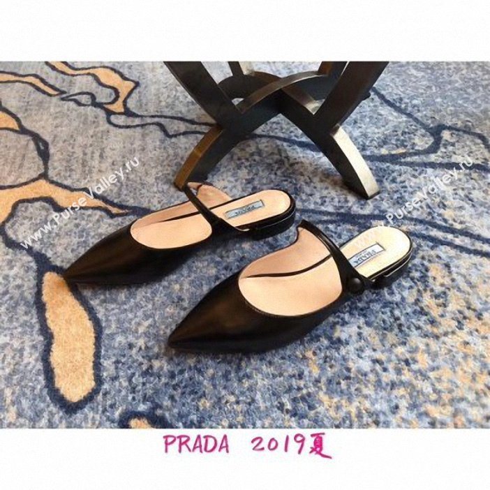 Prada Heel 1.5cm Strap with Button Mules Leather Black 2019 (modeng-9061322)