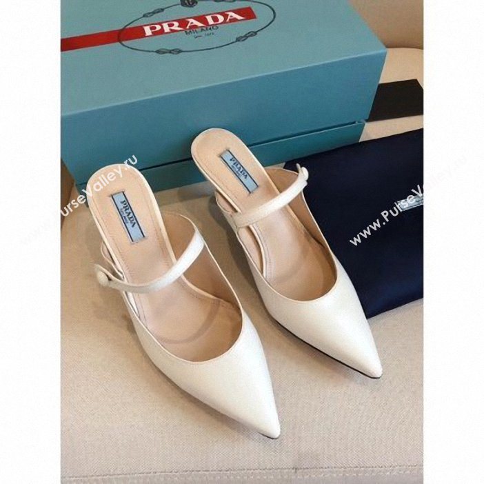 Prada Heel 6cm Strap with Button Mules Leather White 2019 (modeng-9061317)