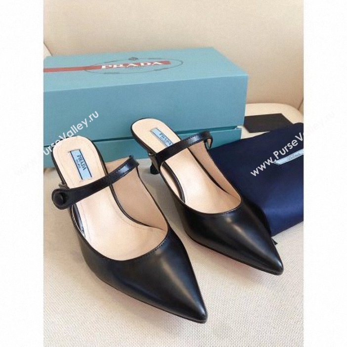 Prada Heel 6cm Strap with Button Mules Leather Black 2019 (modeng-9061316)