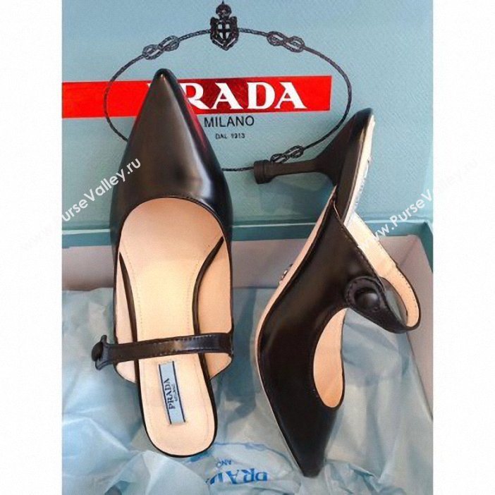 Prada Heel 6cm Strap with Button Mules Leather Black 2019 (modeng-9061316)