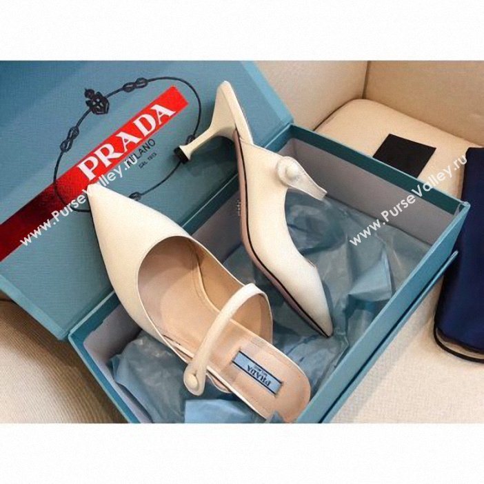 Prada Heel 6cm Strap with Button Mules Leather White 2019 (modeng-9061317)
