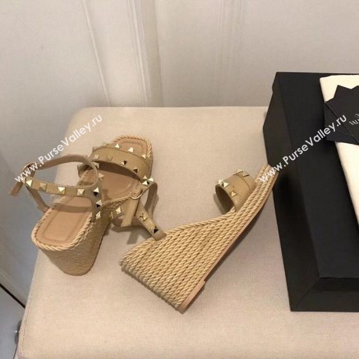 Valentino Heel 8.5cm Wedge Sandals Beige With Studs 2019 (modeng-9061302)